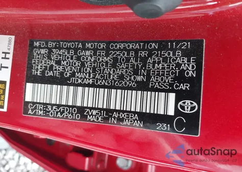 2022 Toyota Prius Le from USA, damaged, VIN JTDKAMFU6N3162096